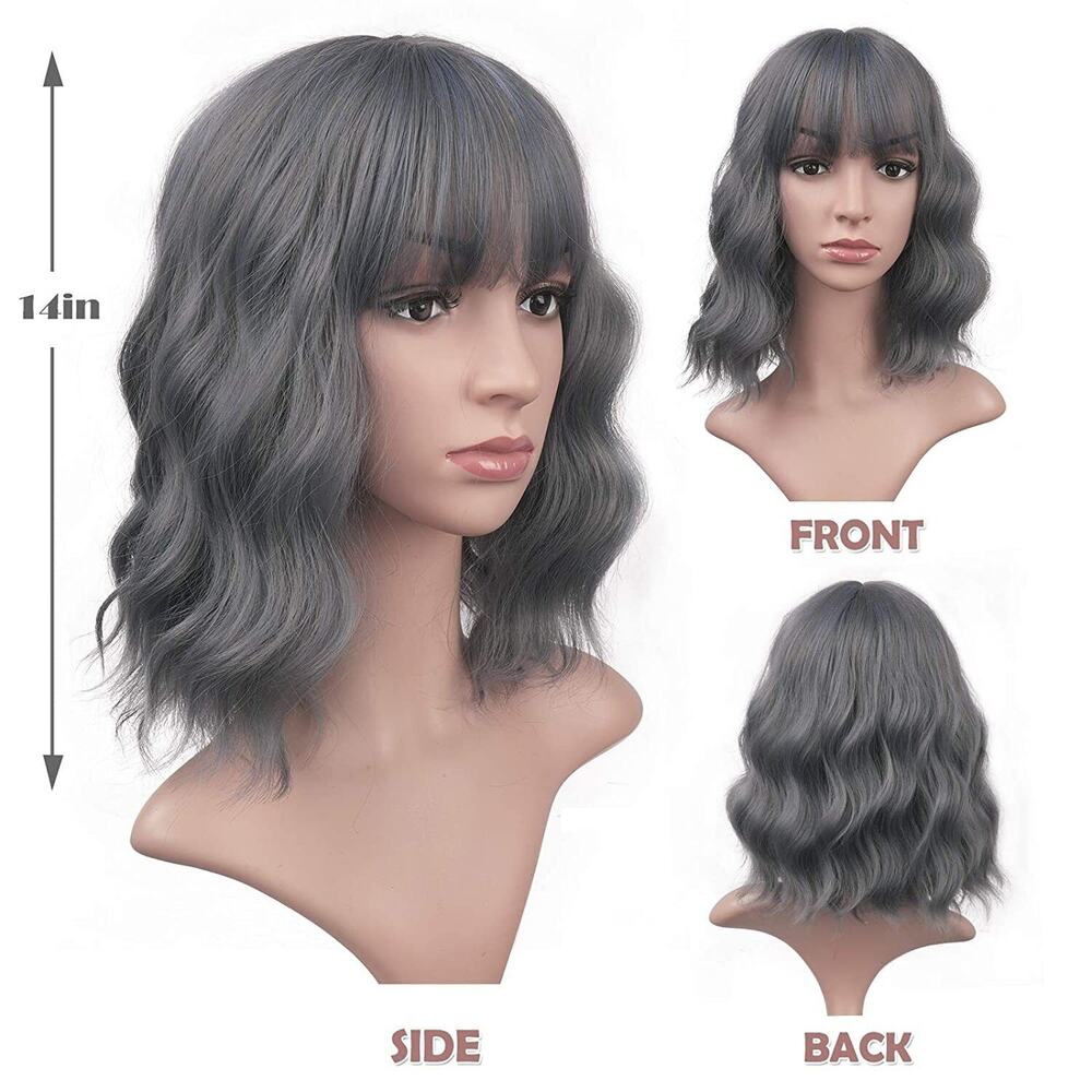 Long Natural Wavy Hair Wigs Fluffy Lake Blue mix Grey Wig With Bangs 14" Silky